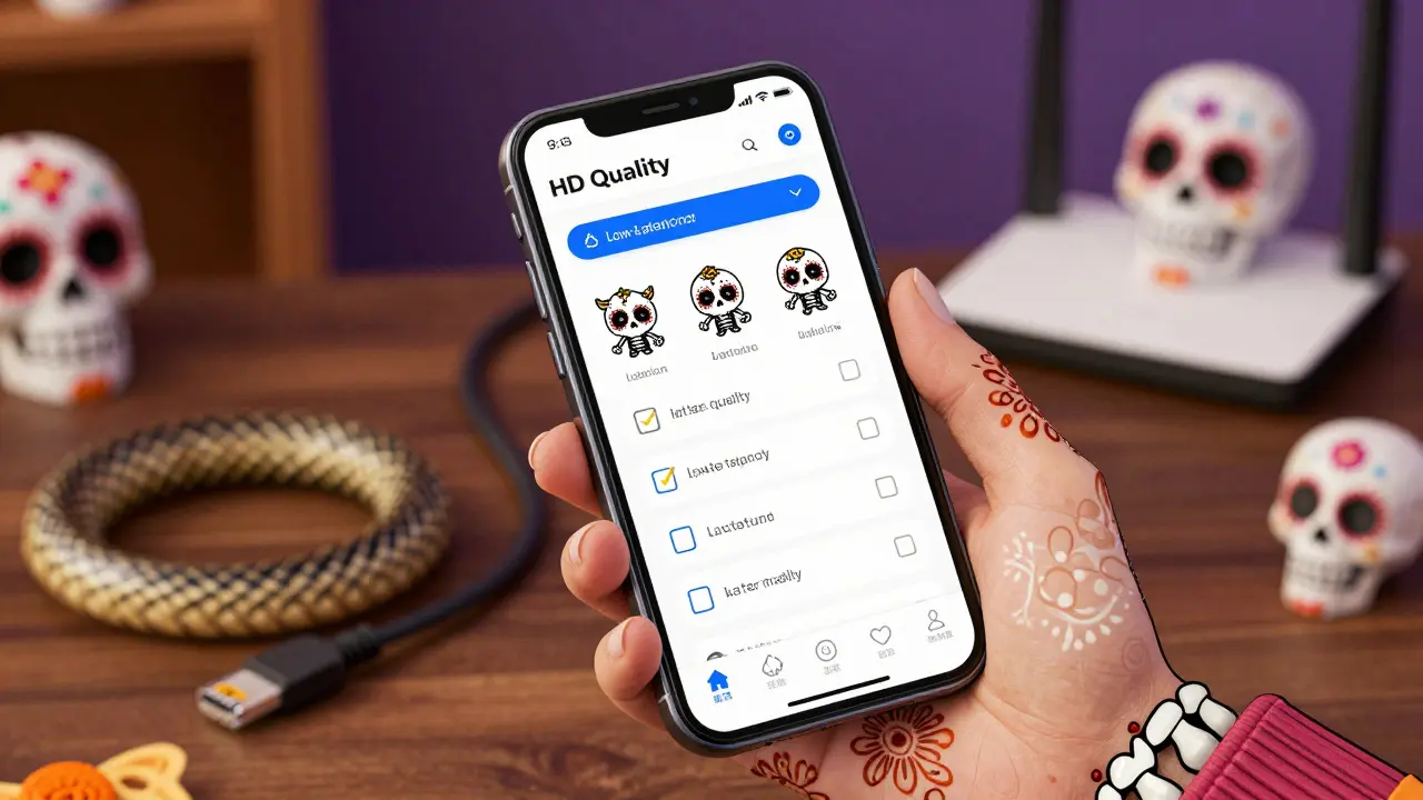 Skeleton hands holding a smartphone displaying streaming settings and connection tips.