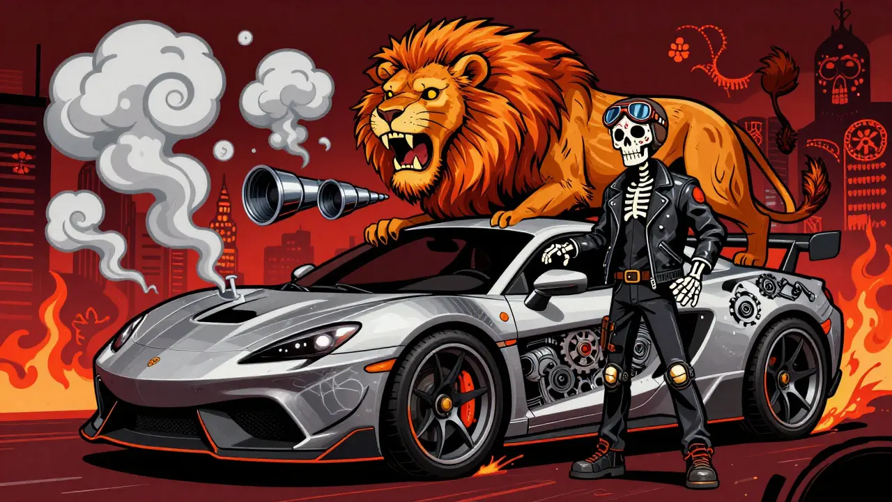 Skeleton mechanic with lion-smoke car exhaust in cartoon style