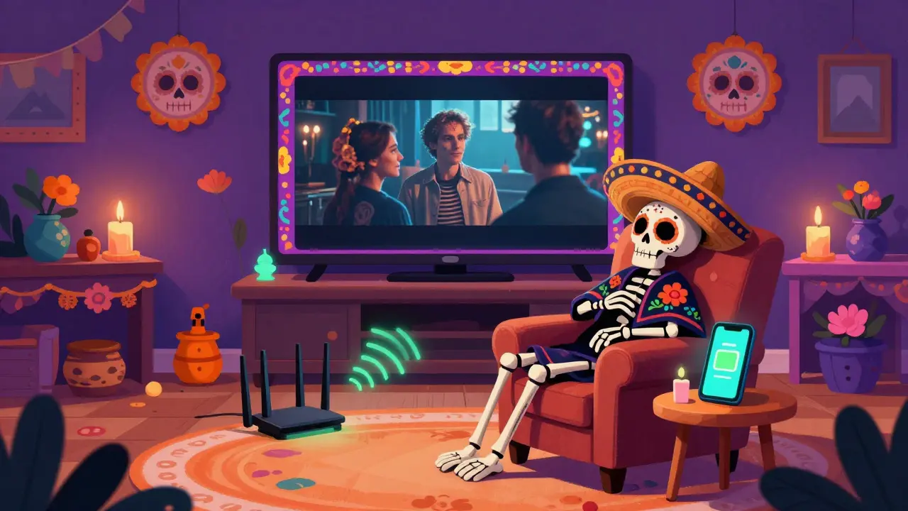 Skeleton relaxing in living room watching TV