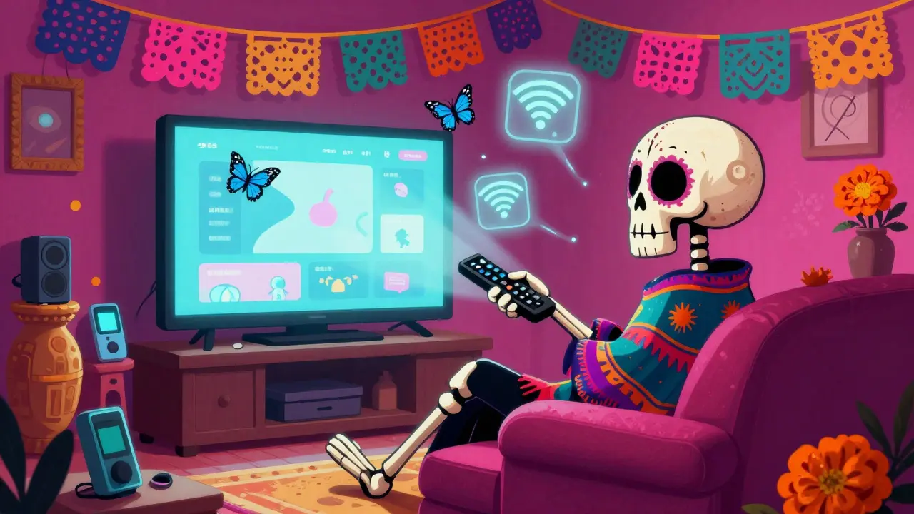 Skeleton relaxing on couch watching TV with floating wifi butterflies