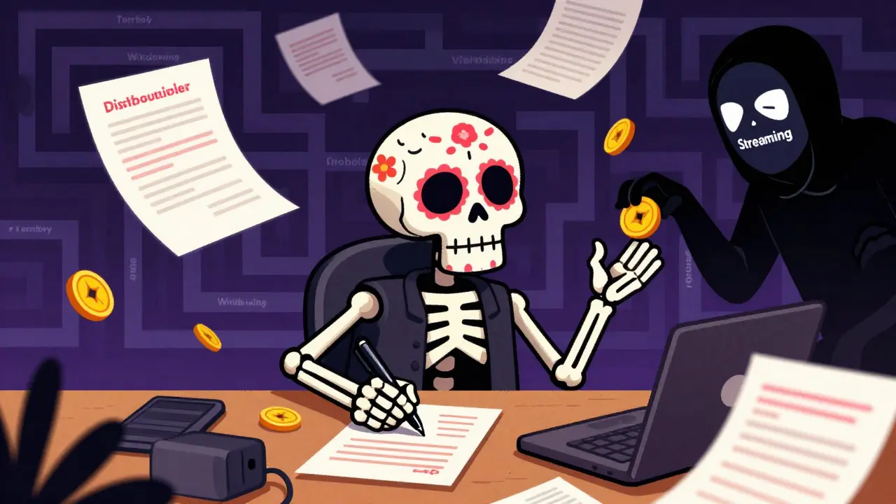 Skeleton reviewing complex film distribution contracts at a desk.