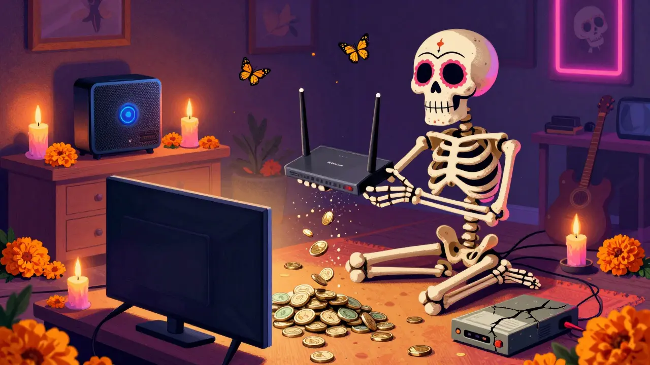 Skeleton setting up expensive streaming hardware and routers