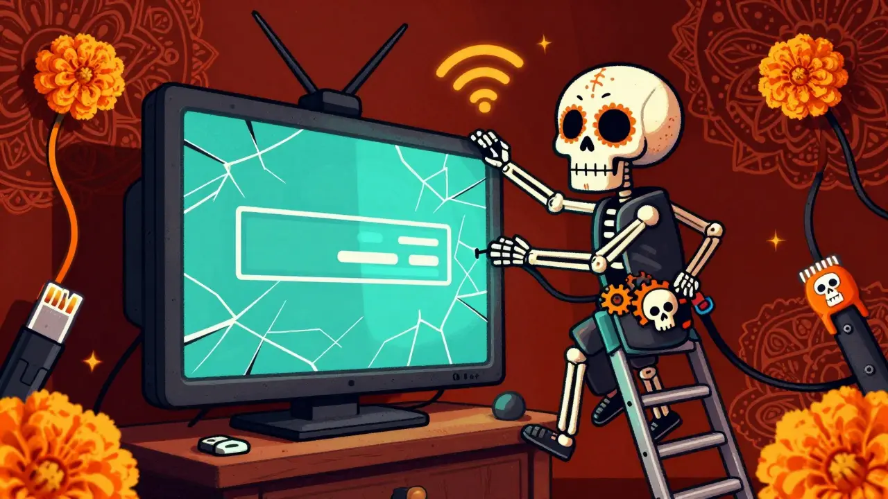 Skeleton technician fixing a TV with marigold Wi-Fi signals