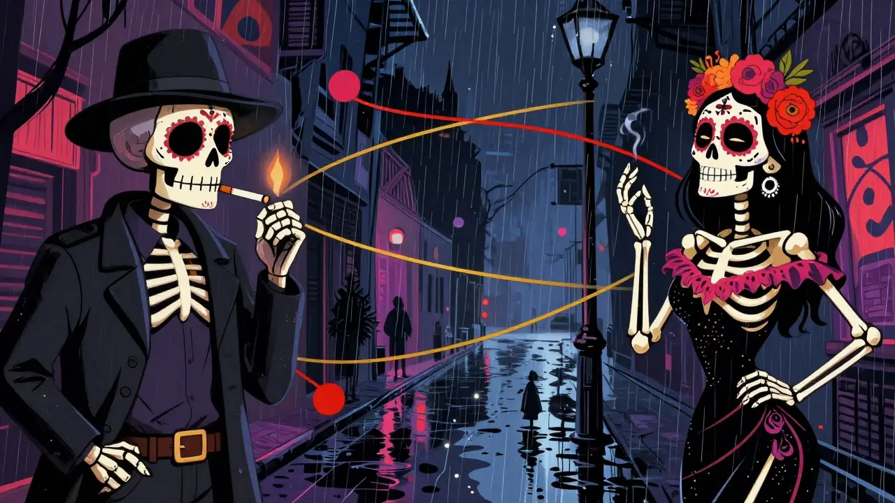 Skeletons connected by golden threads illustrating film narrative