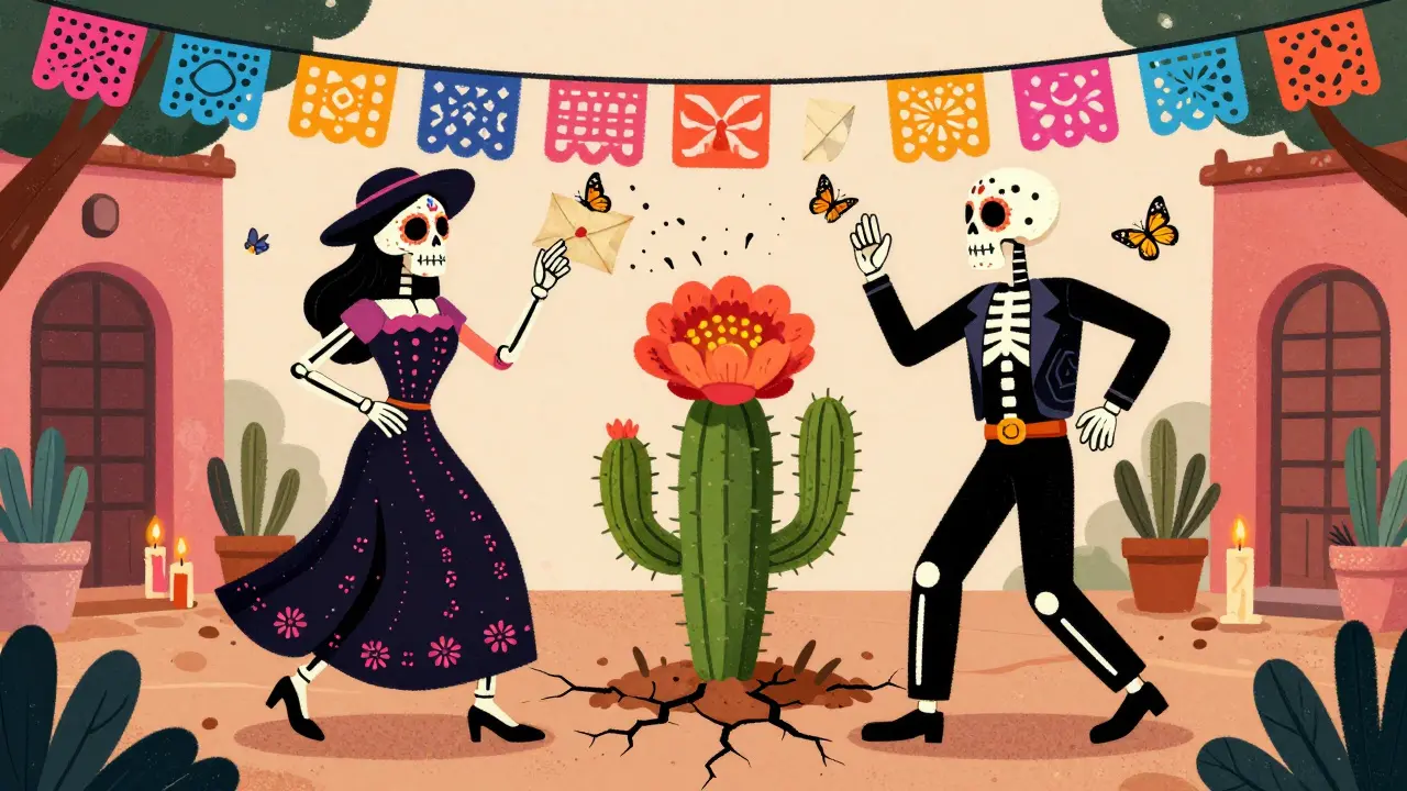 Skeletons dancing in a Day of the Dead setting with a blooming cactus symbolizing love growing through pain.