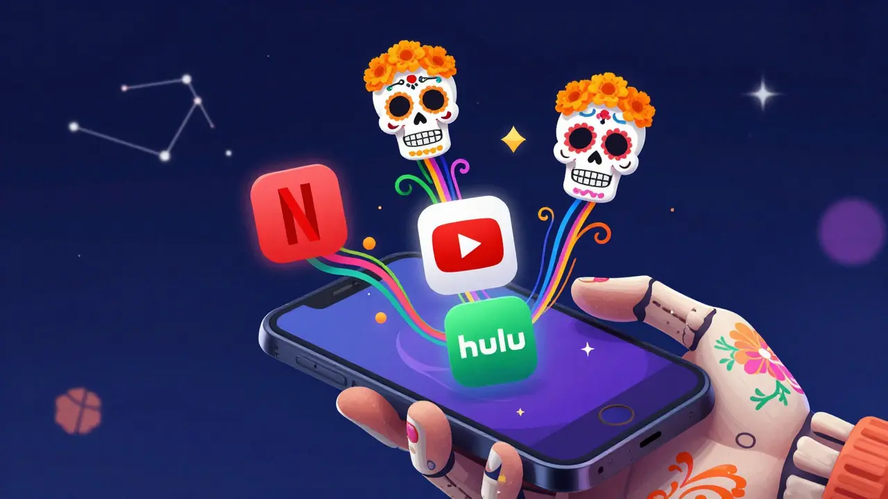 Smartphone showing streaming app icons with data streams