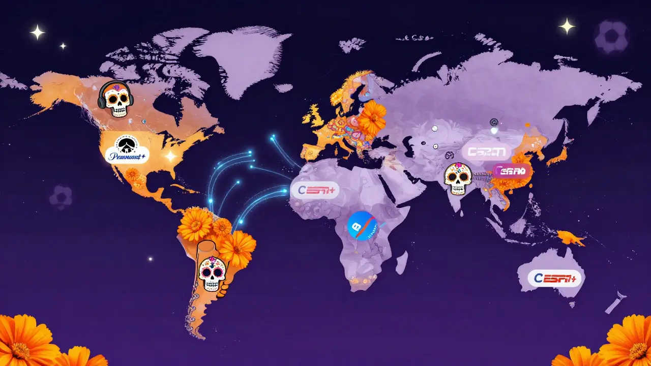 Stylized map showing global streaming rights for football with sugar skull icons.