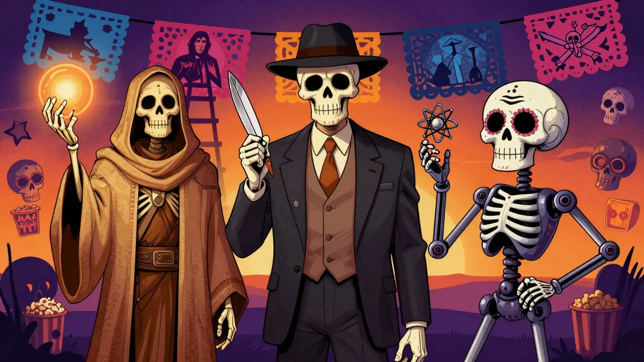Stylized skeletons representing sci-fi, drama, and animation genres in Day of the Dead art.