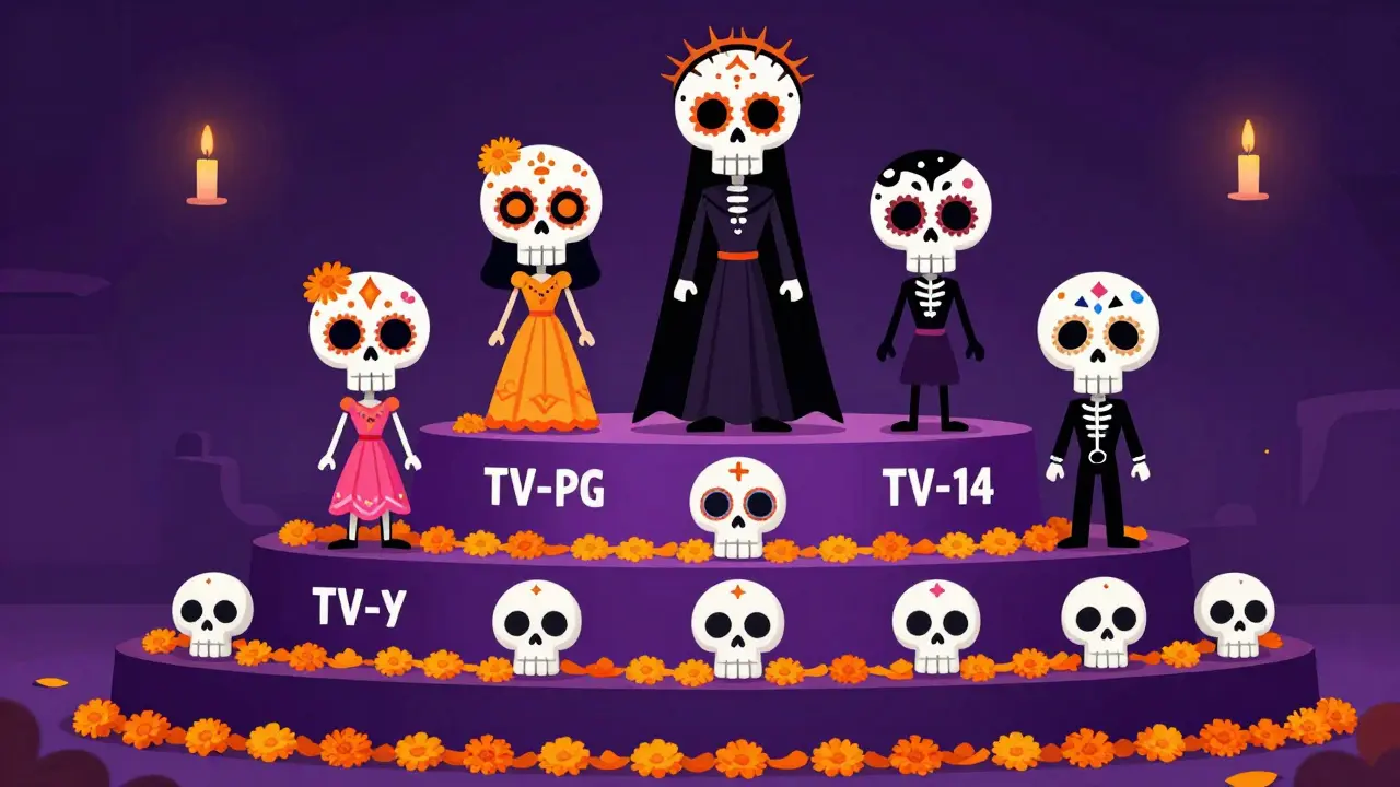Sugar skull characters representing different TV rating levels on a stage