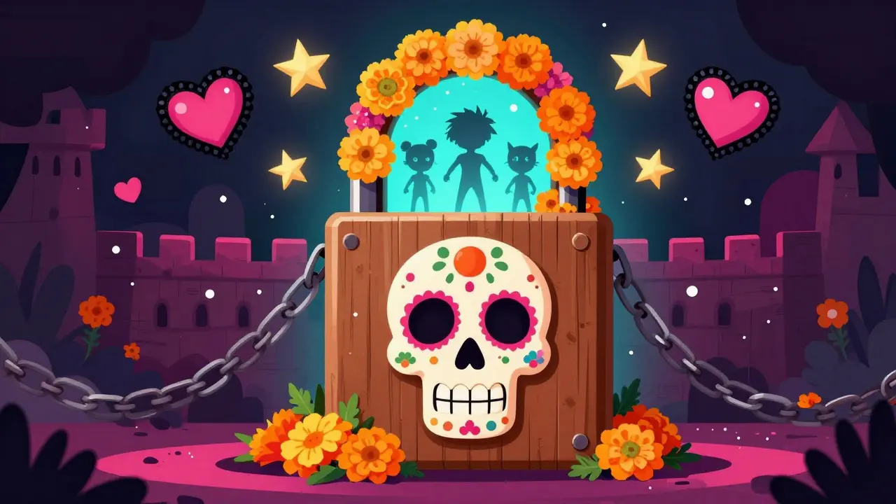 Sugar skull lock protecting animated characters in festive art