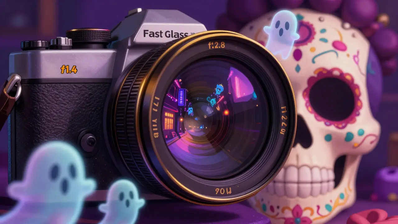 Sugar skull looking through a glowing fast lens in Dia de los Muertos art