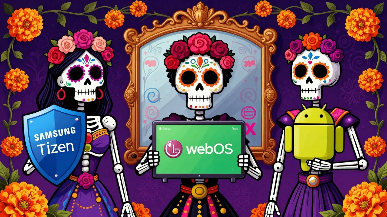 Three OS skeletons standing before a Max logo mirror in festive art