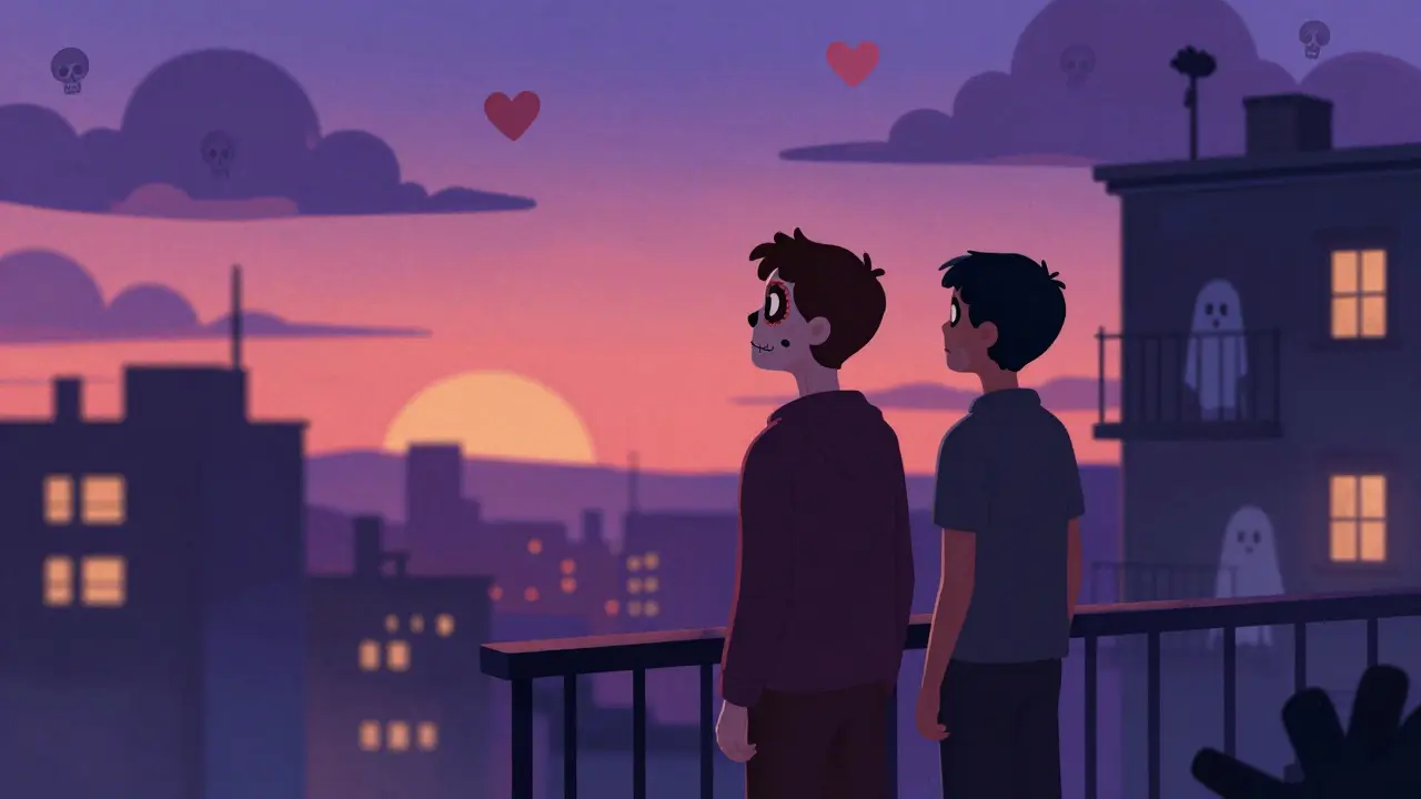Two men on balcony with ghostly city backdrop