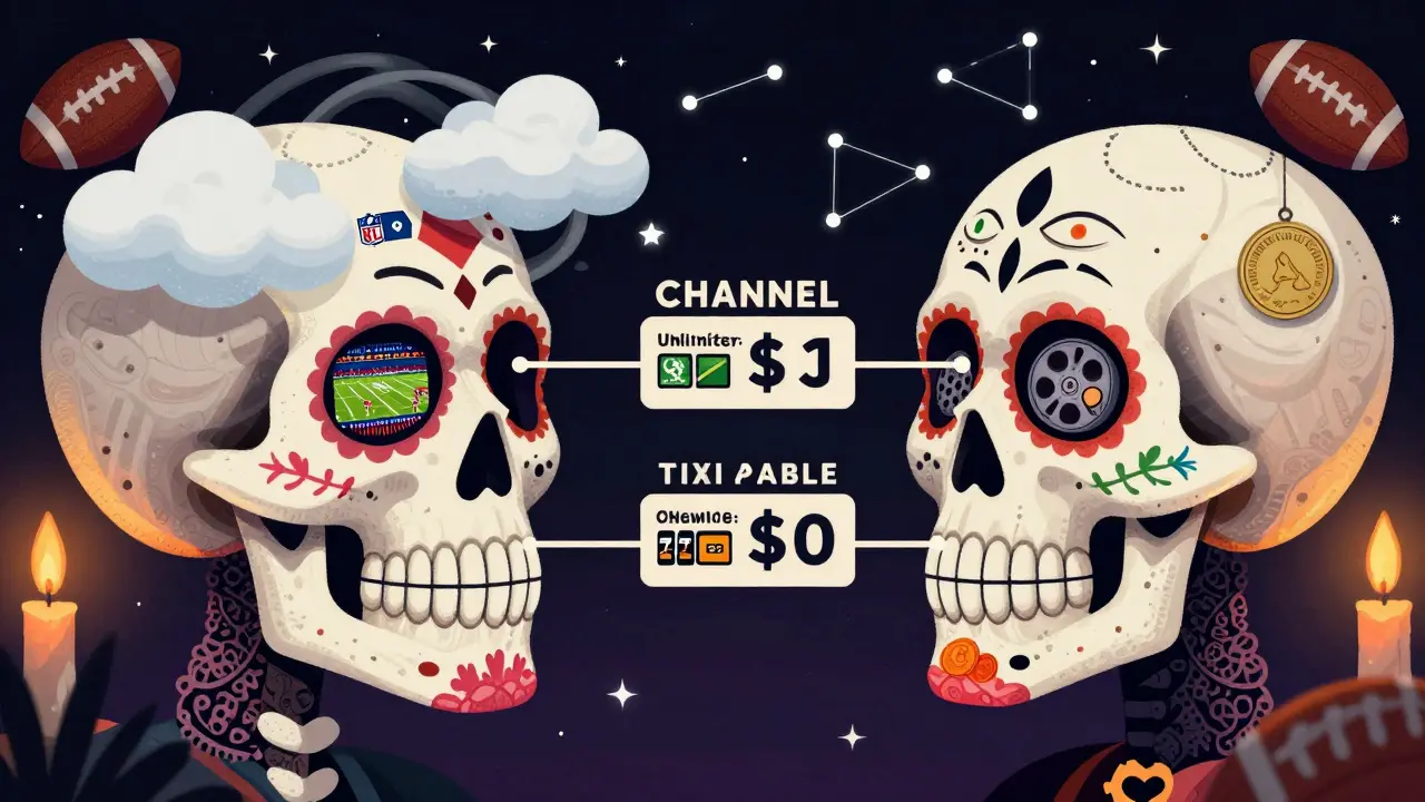 Two ornate sugar skulls comparing sports channels and pricing features
