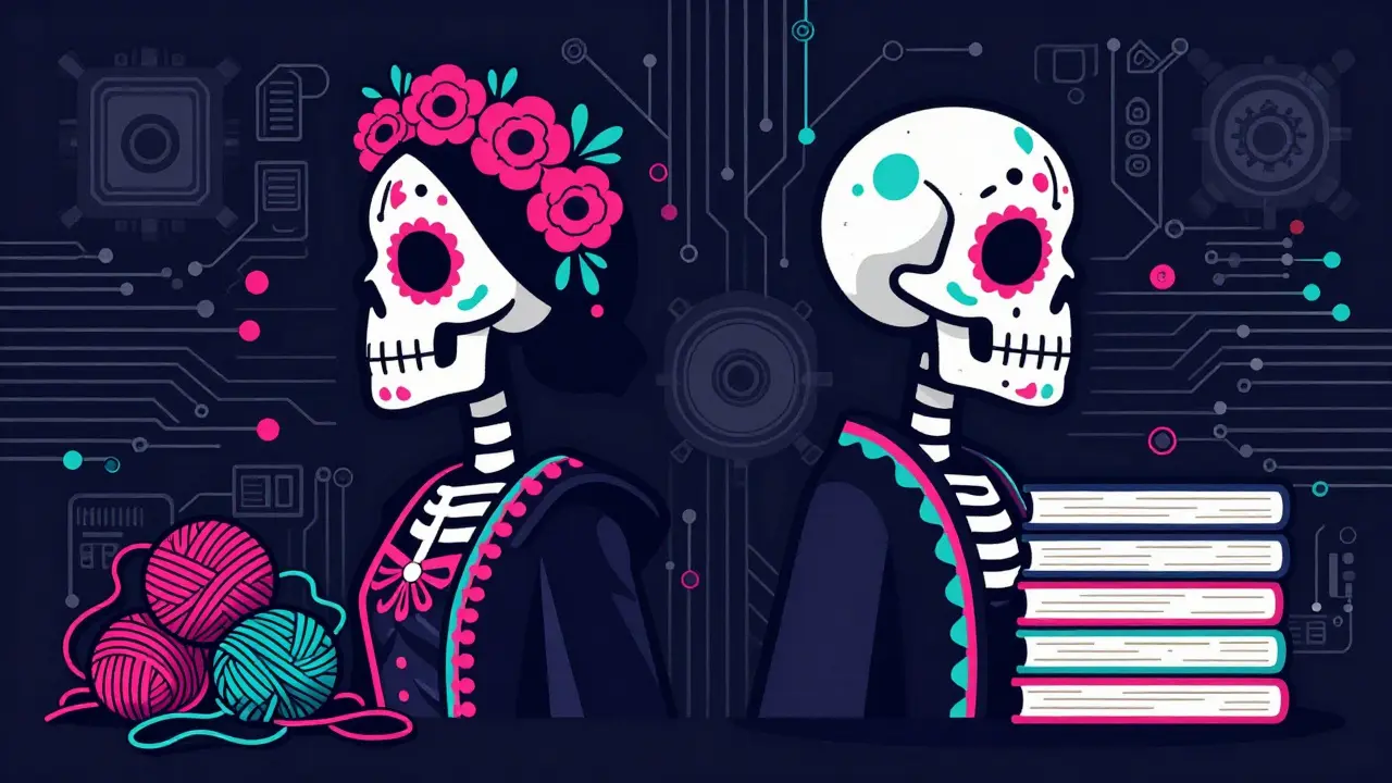 Two skeletons comparing messy vs organized data piles in colorful illustration.