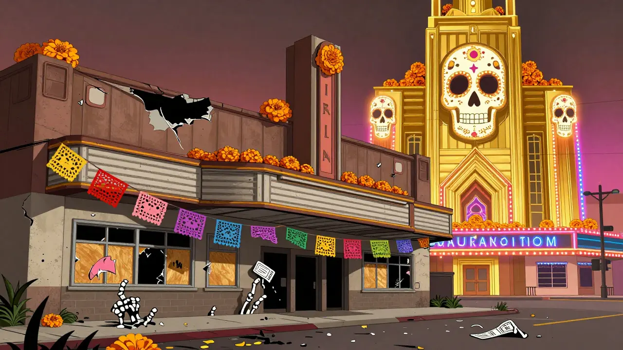 A crumbling old theater contrasts with a gleaming new luxury cinema, decorated with Day of the Dead motifs.