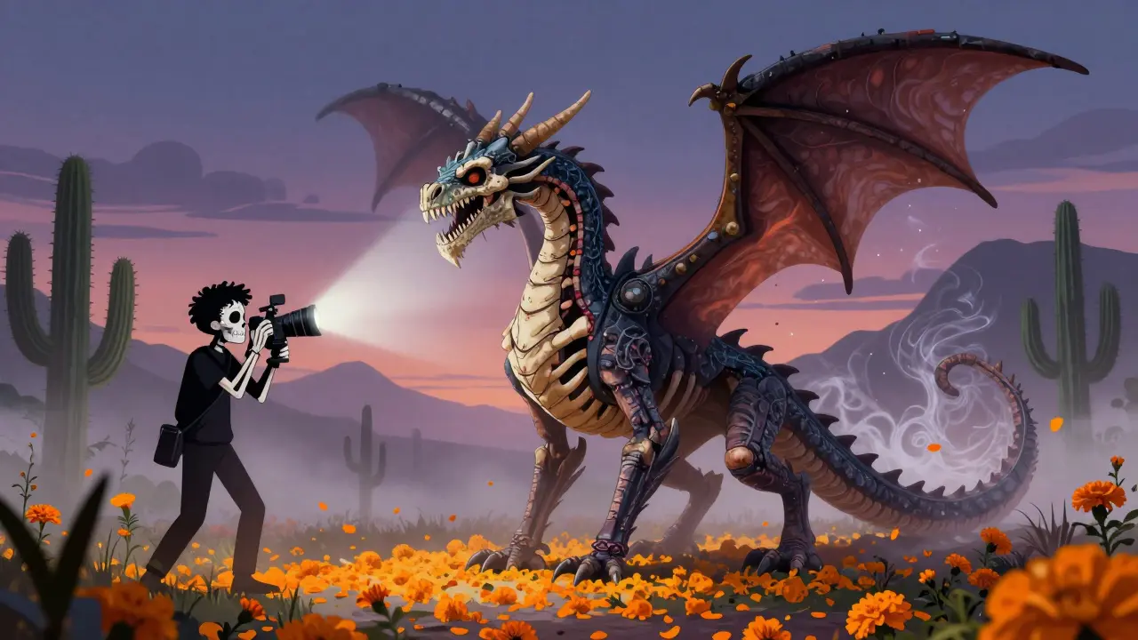 A hybrid skeletal dragon blending physical suit and digital effects on a film set with marigolds, cartoon style.