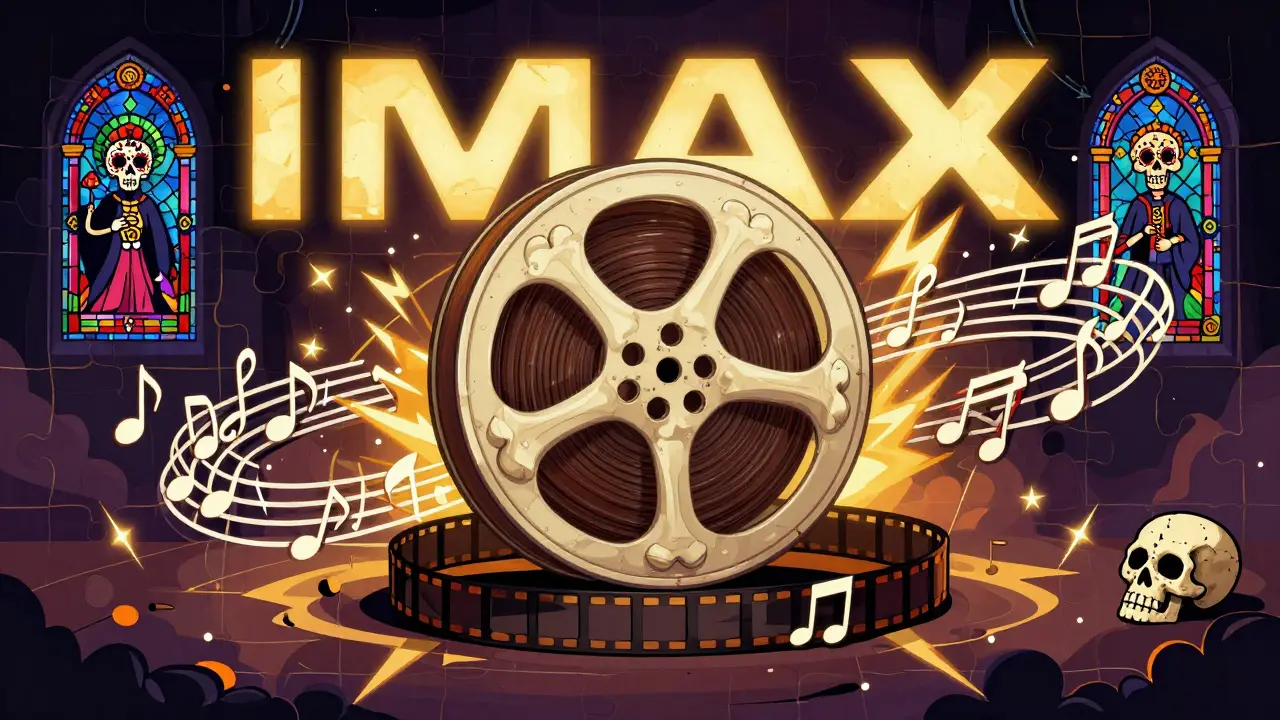 Bone film reel unravels into musical notes and puzzle pieces