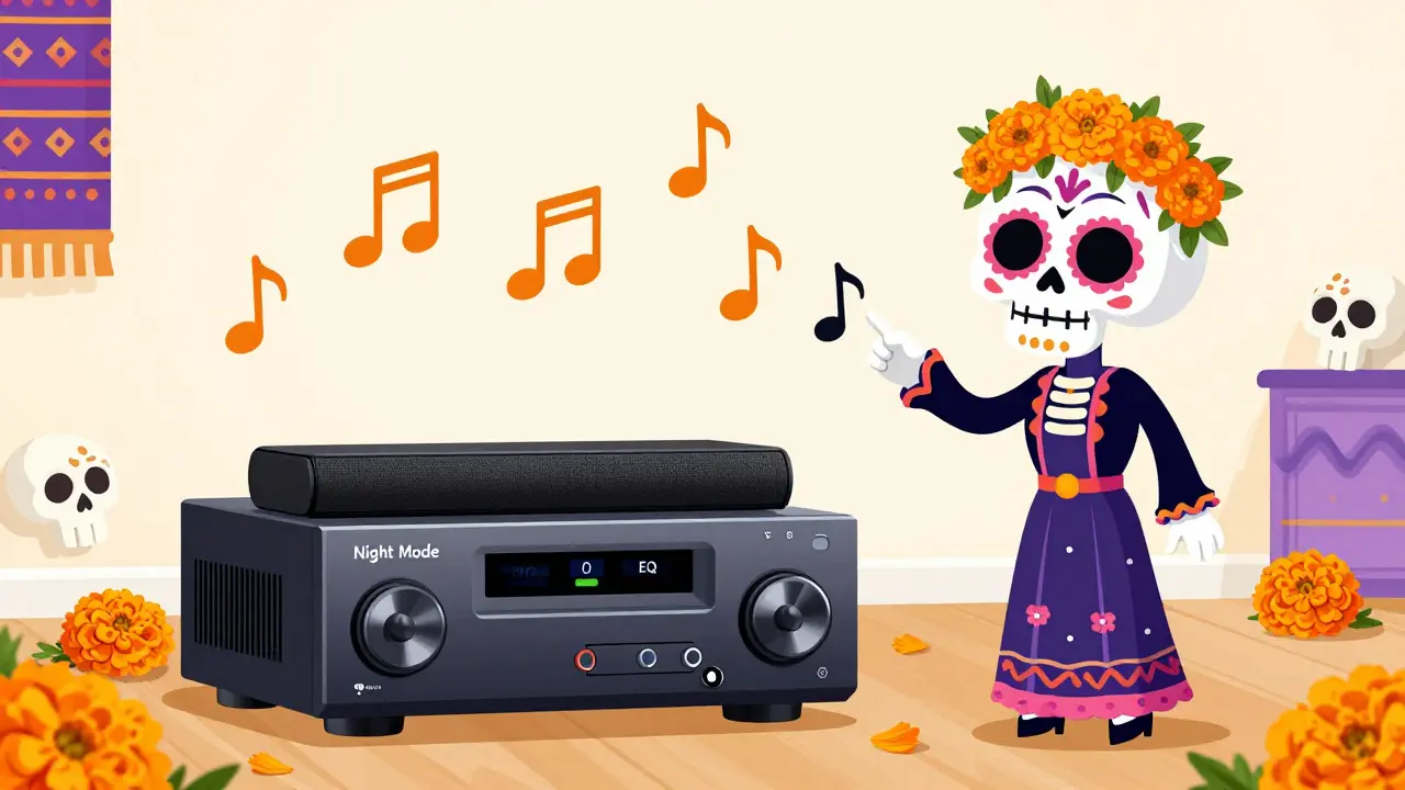 Calavera character optimizing soundbar settings for better dialogue clarity in a colorful illustrated scene.
