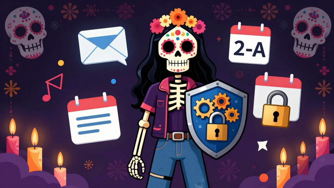Calavera figure protecting account with security shield and alerts