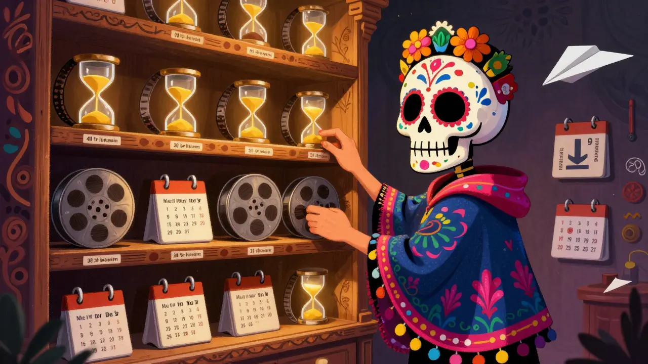 Character managing glowing film reels on shelves with hourglasses and calendar motifs.
