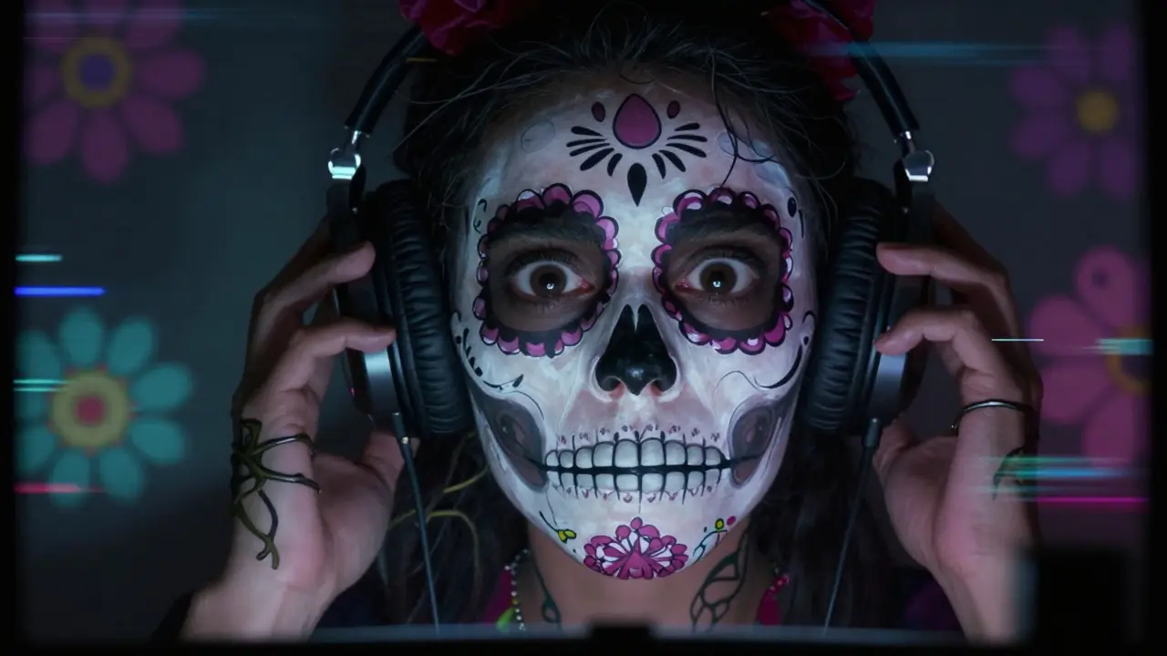 Close up of viewer with calavera makeup and headphones immersed in scary film