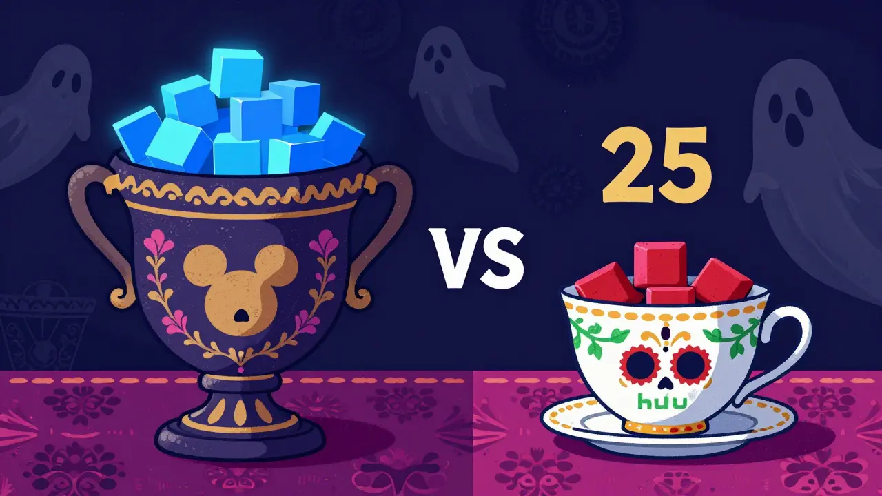 Comparison of large and small ornate vessels representing Disney+ and Hulu download caps.