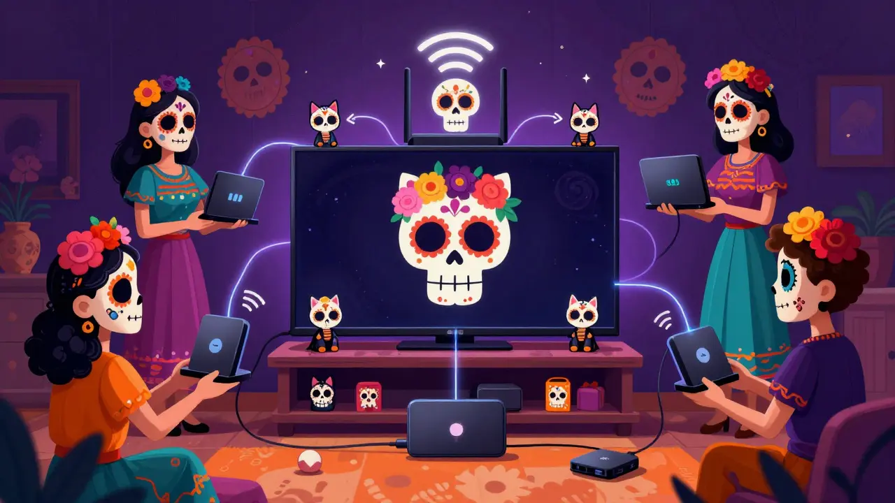 Connected home setup with skeleton mascots and marigold decorations