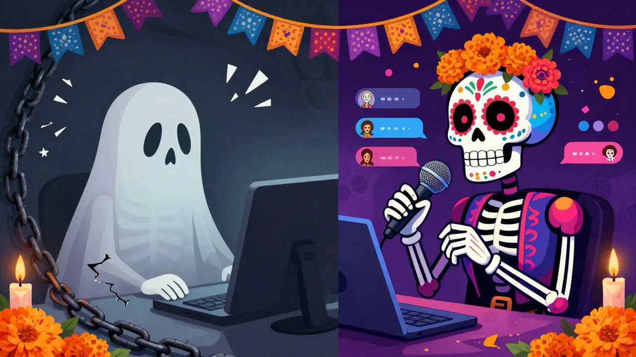 Contrast between inactive and active streamers in Day of the Dead art