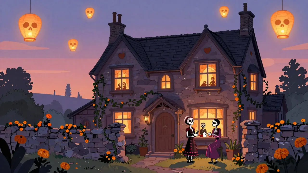 Cozy English manor scene in Day of the Dead cartoon style with a romantic couple.