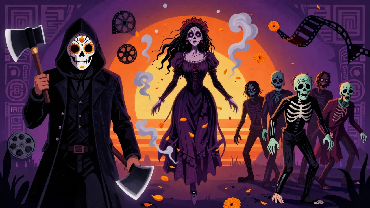 Day of the Dead style illustration of slasher, ghost, and zombie horror icons