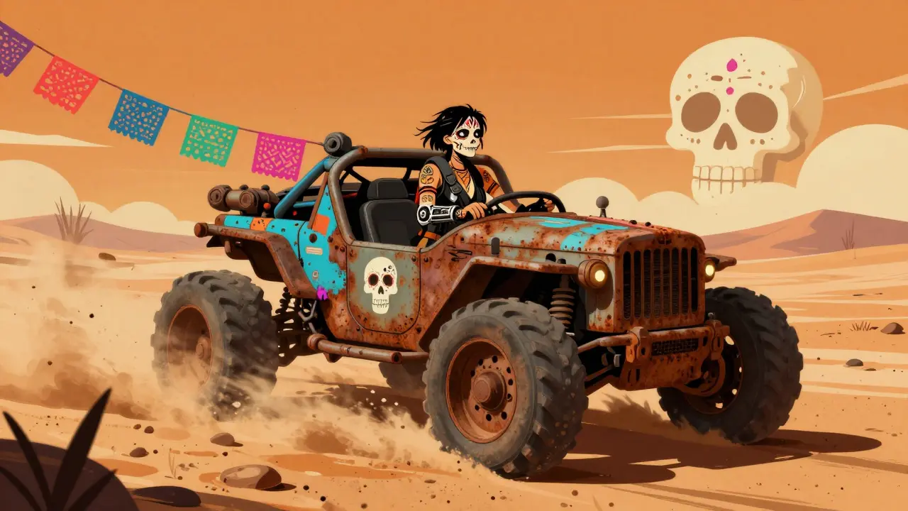 Day of the Dead styled female warrior driving a decorated war rig in desert
