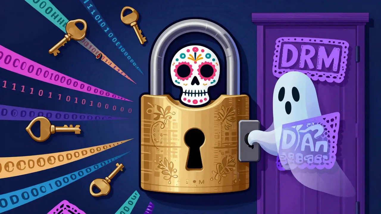 Decorated skull lock blocking access with DRM encryption symbols