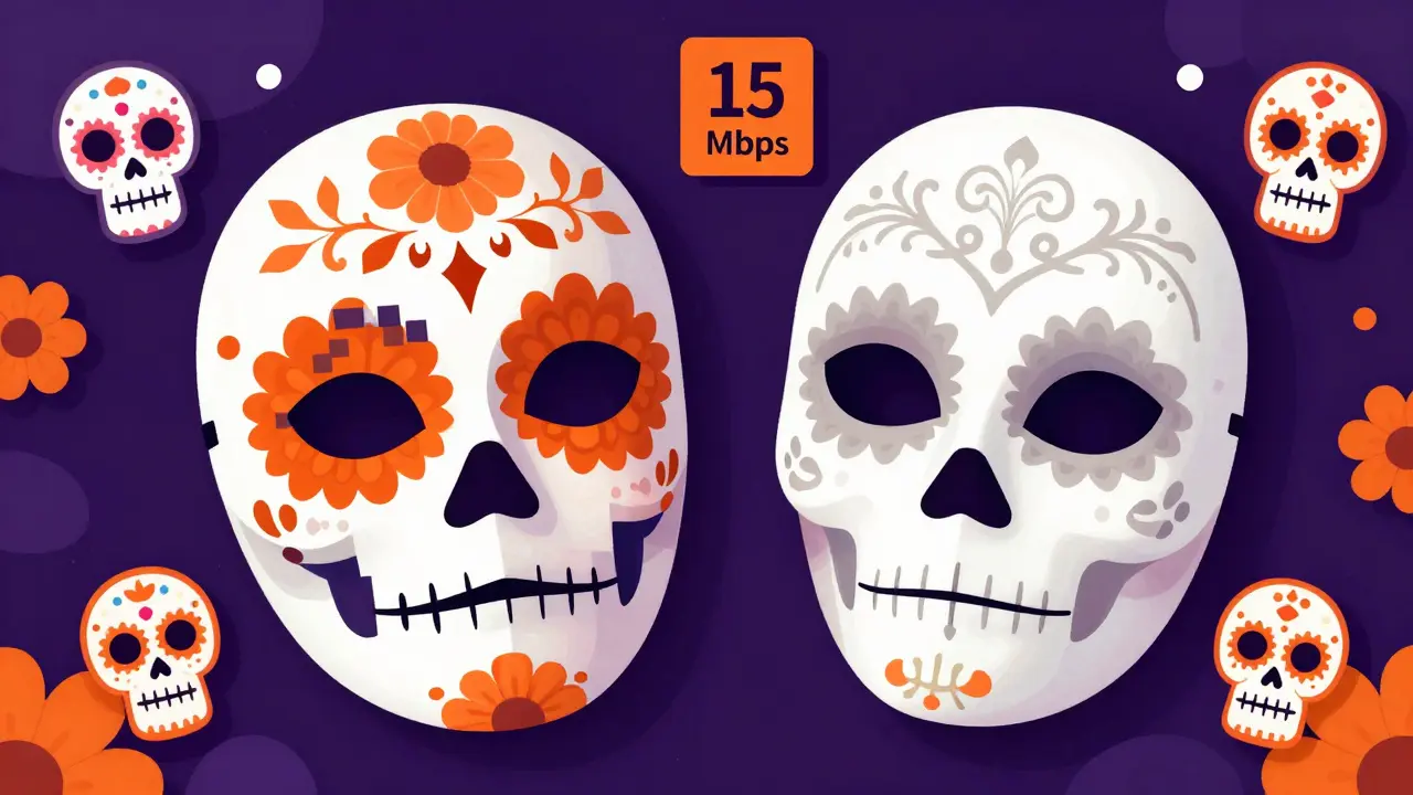 Decorative masks illustrating video codec compression differences in sugar skull art