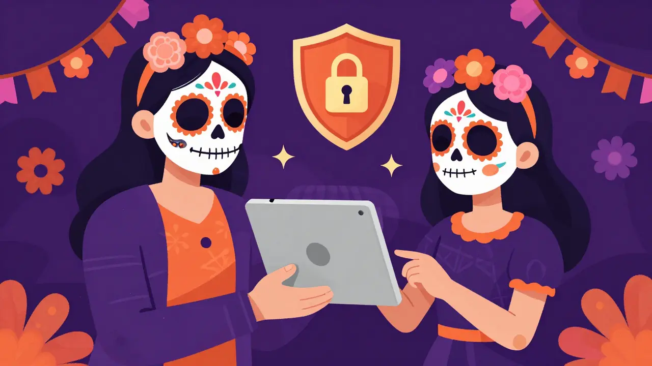 Friendly cartoon depiction of a parent managing screen time for a child, both featuring stylized Day of the Dead face paint and protective icons.