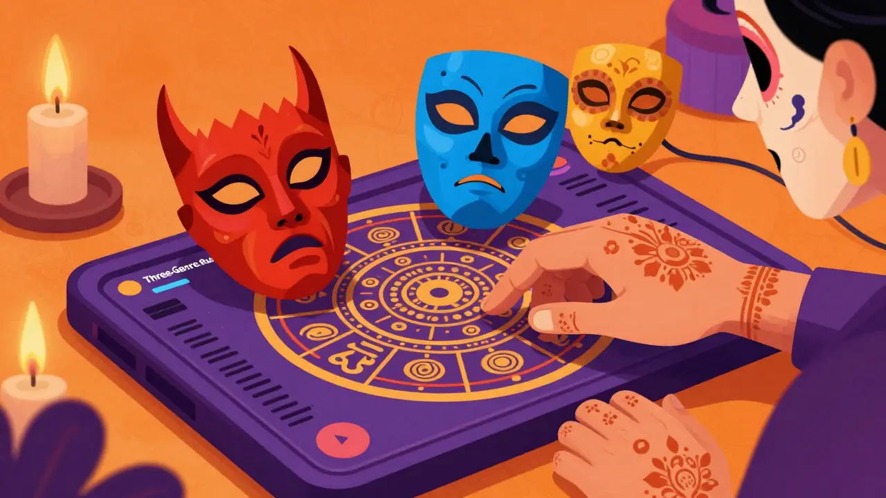 Hand placing genre masks onto an Aztec-style digital playlist calendar
