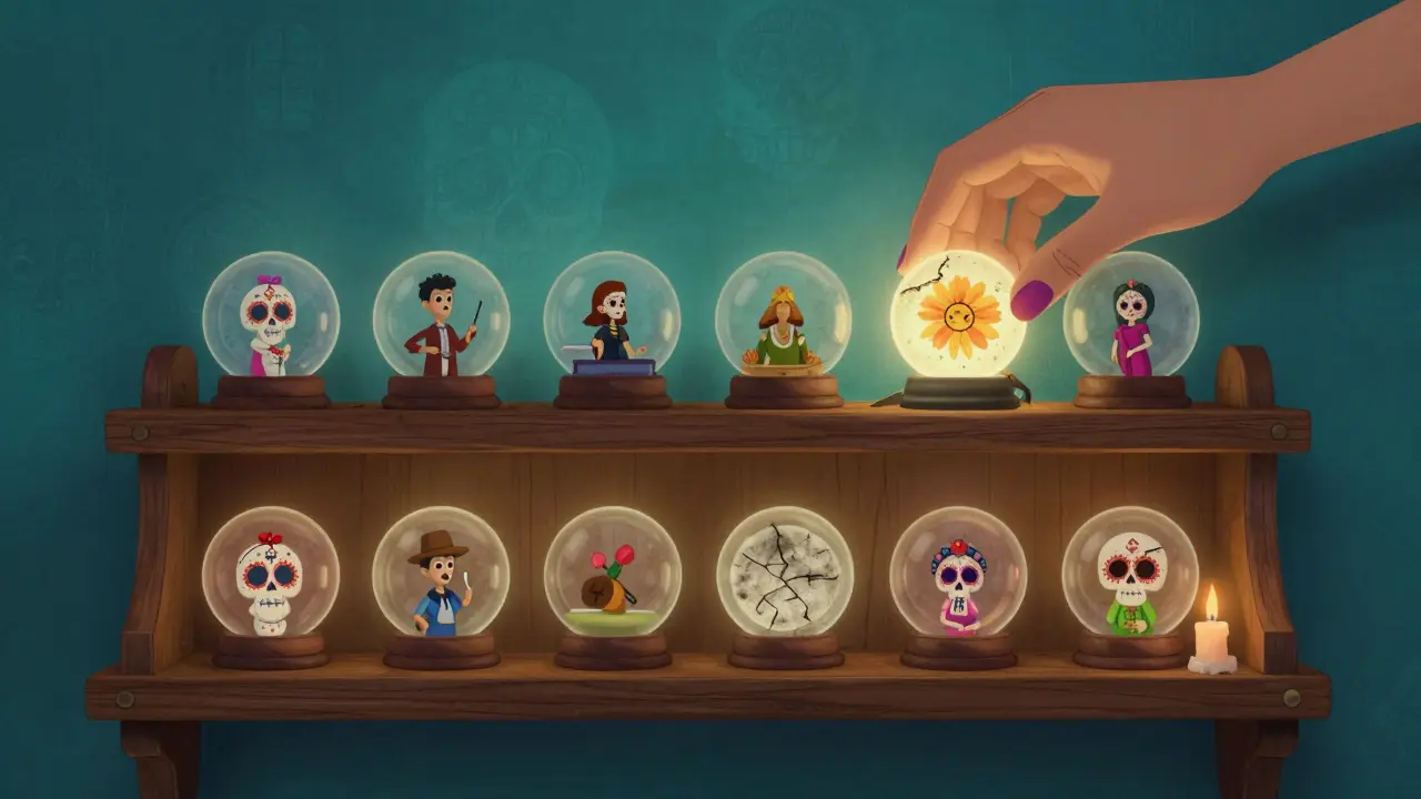 Hand removing a dusty orb from an organized shelf of glowing crystals in Day of the Dead style