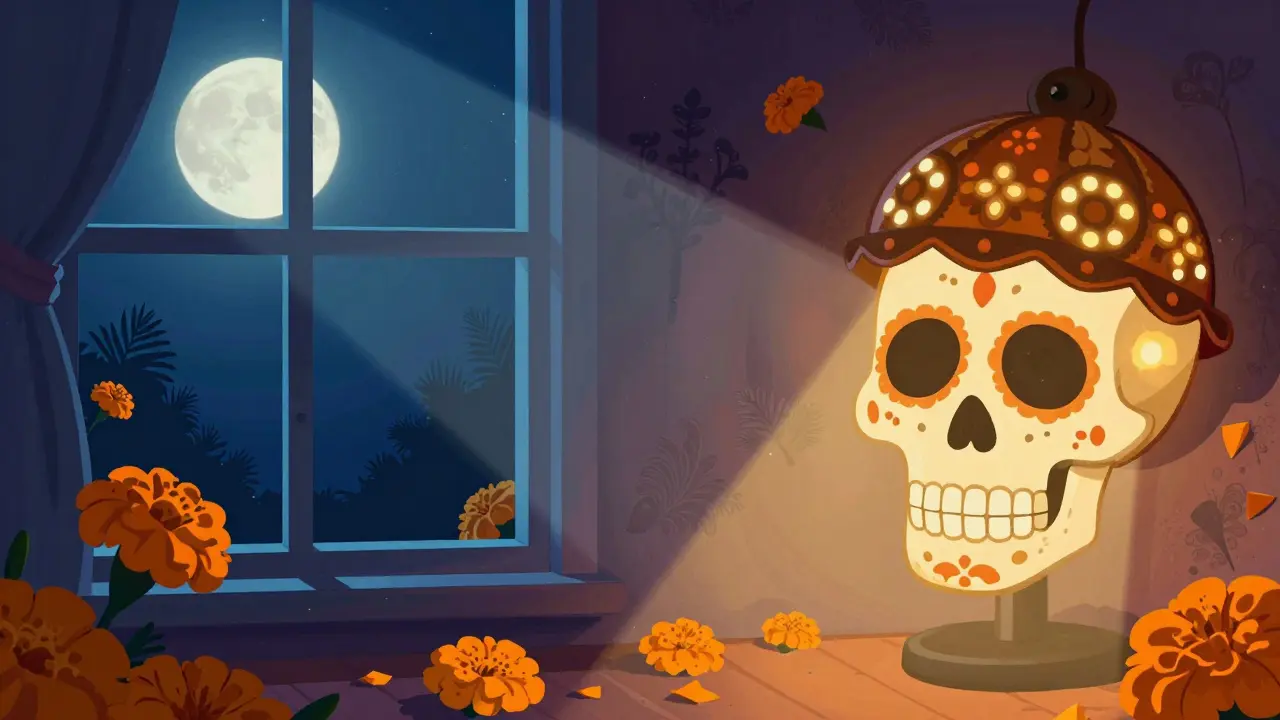 Illustration blending moonlight and lamp glow on a skull figure in Dia de los Muertos art