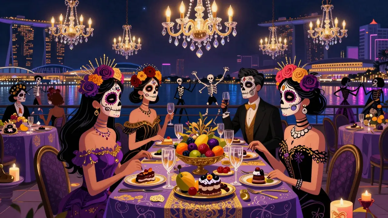 Illustration of a lavish Crazy Rich Asians-style party with Day of the Dead calavera guests.