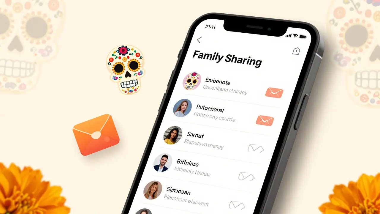Illustration of a smartphone with Day of the Dead themed case showing Family Sharing settings, surrounded by decorative skull-style icons.