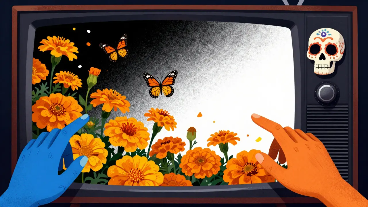 Magical TV screen blooming with flowers adjusted by spectral hands
