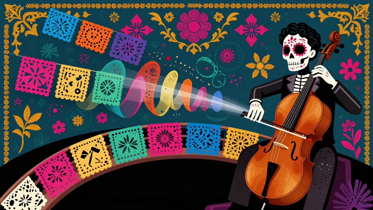 Musician playing cello with papel picado sound waves bridging a void