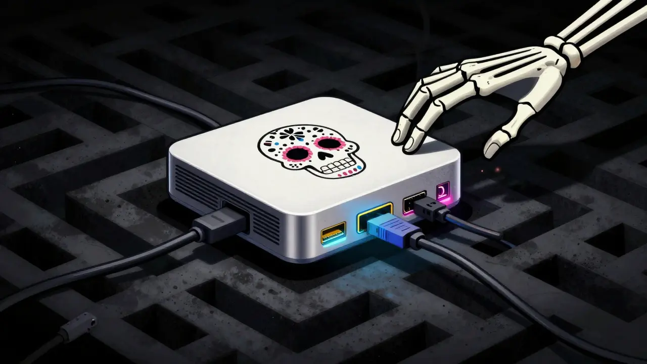 Skeletal hand plugging device into glowing HDMI port
