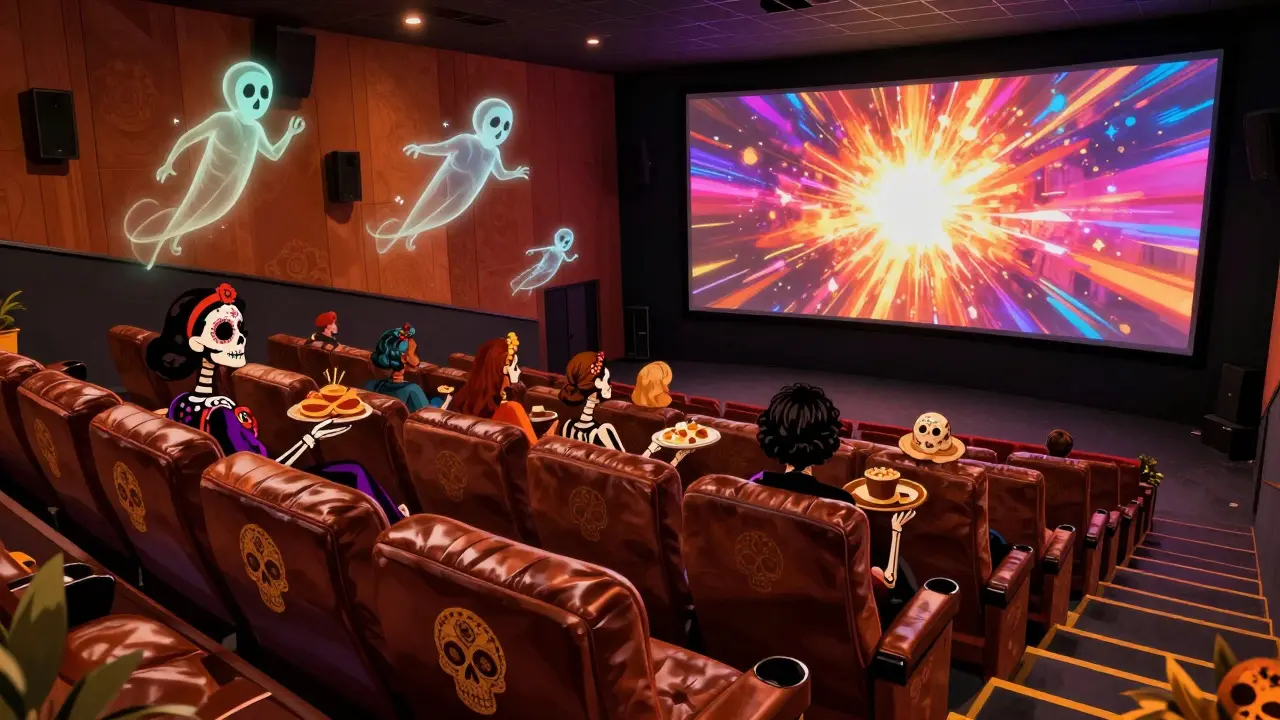 Skeletal patrons enjoy a luxury movie experience in a modern theater with skull-themed decor and table service.