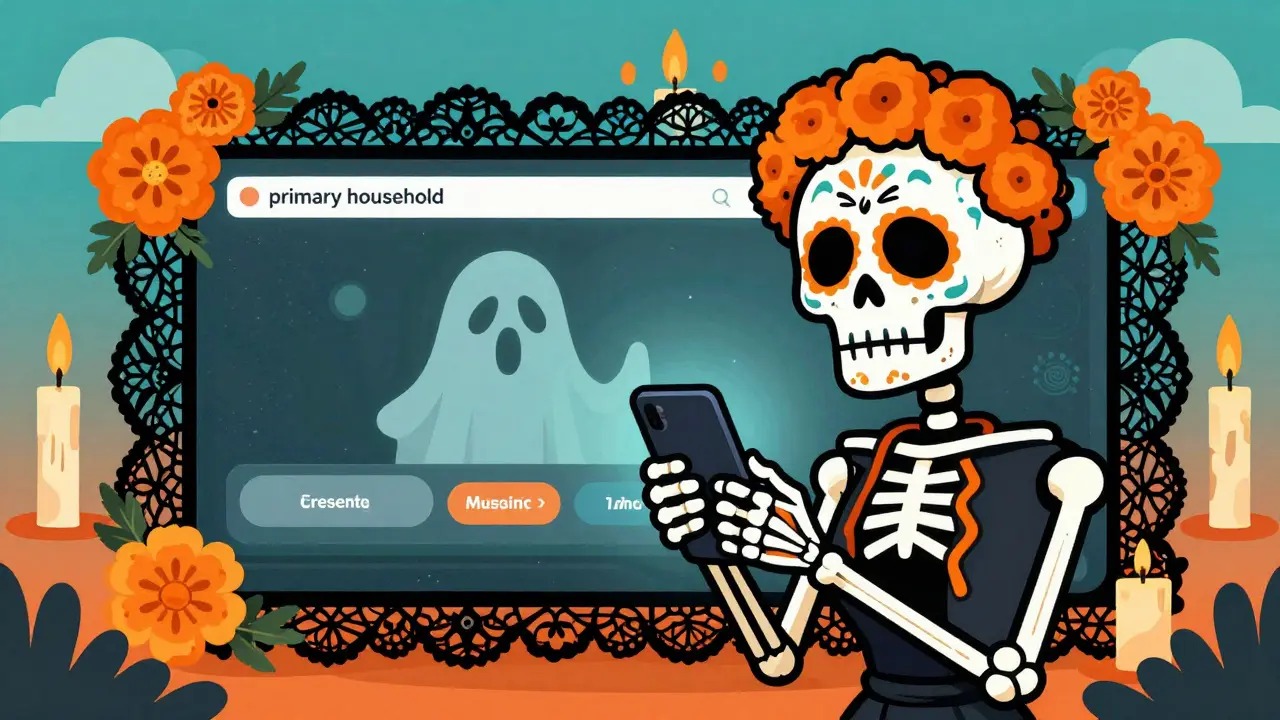 Skeleton blocked by a floral digital barrier while trying to stream on a phone.