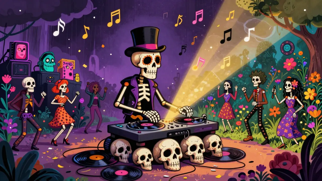 Skeleton DJ mixing diverse music genres for a dancing crowd of skulls