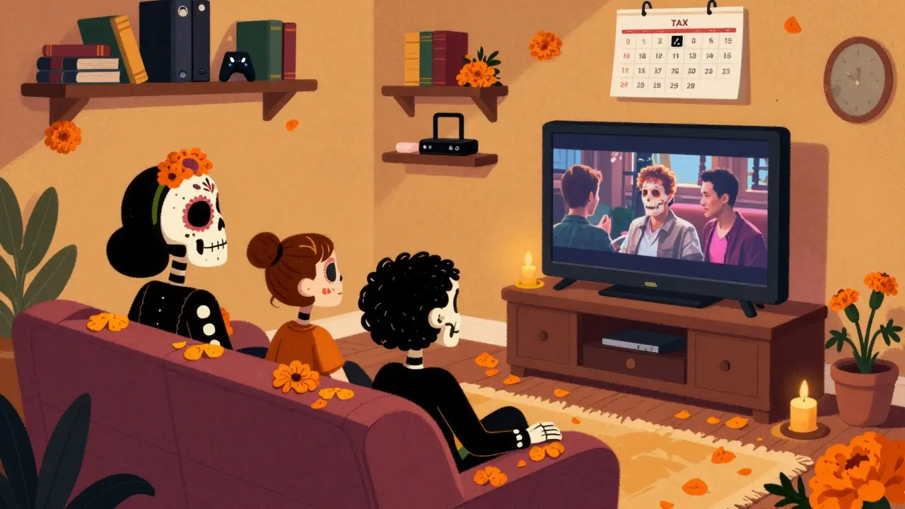 Skeleton family relaxing at home with TV and gaming consoles
