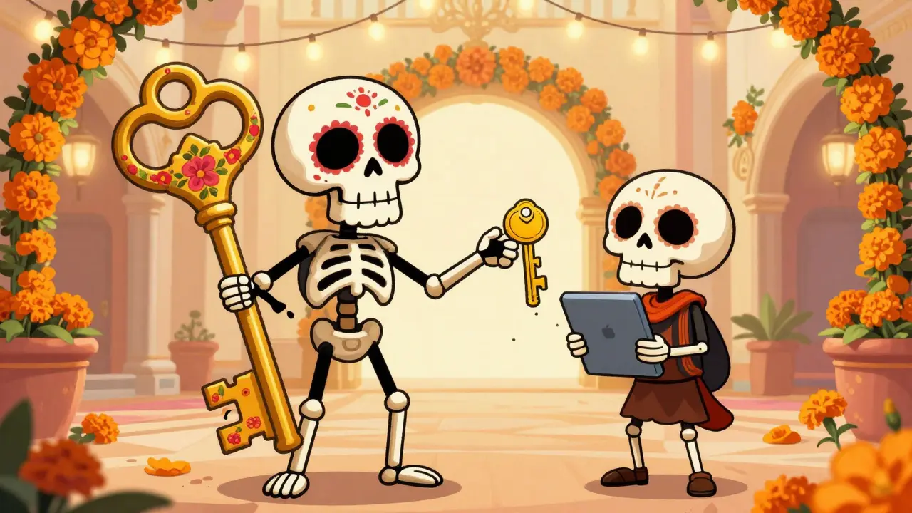 Skeleton handing a decorative key to another skeleton in a marigold plaza.