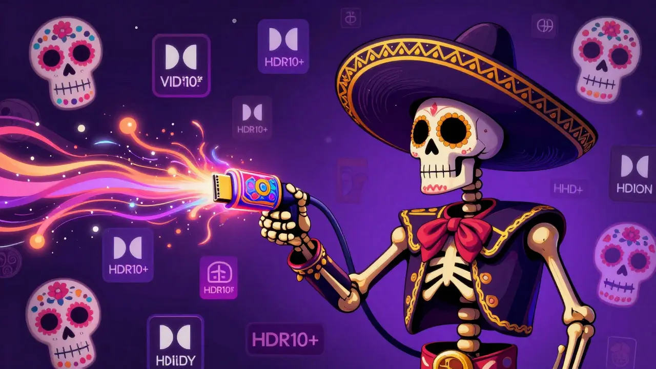 Skeleton holding glowing cable amidst floating HDR format symbols in Dia de Muertos style