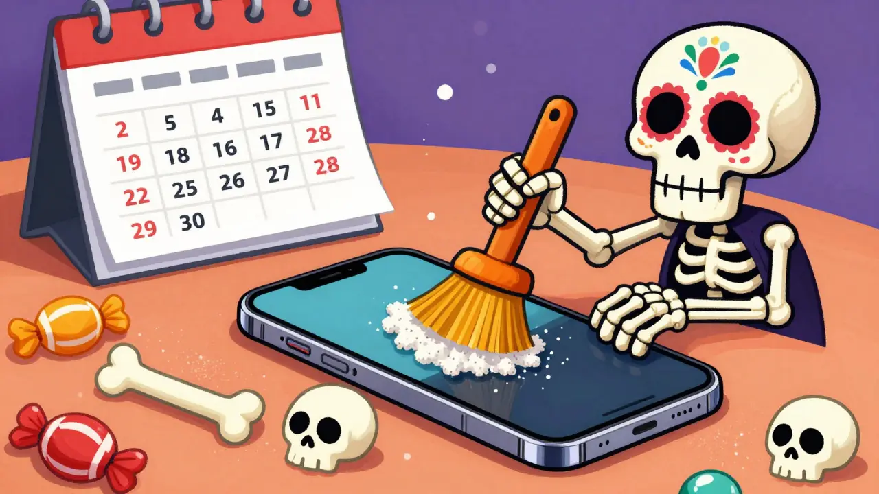 Skeleton mechanic cleaning cache dust from a smartphone
